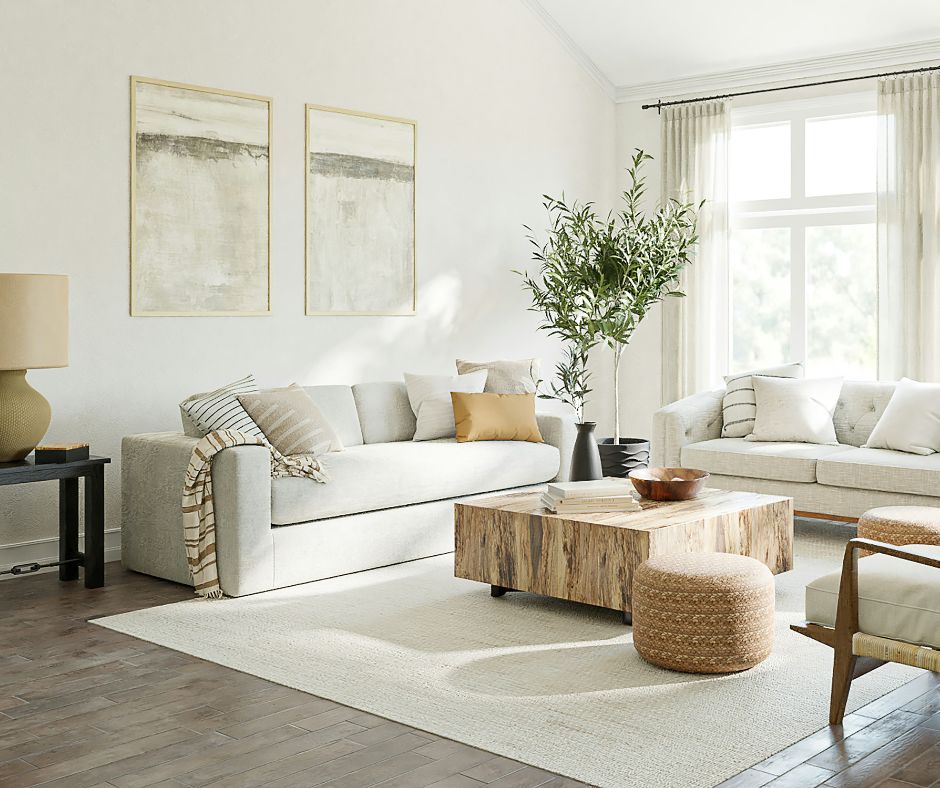 Beautifully designed living room incorporates everyday wellness at home strategies like lots of natural light.
