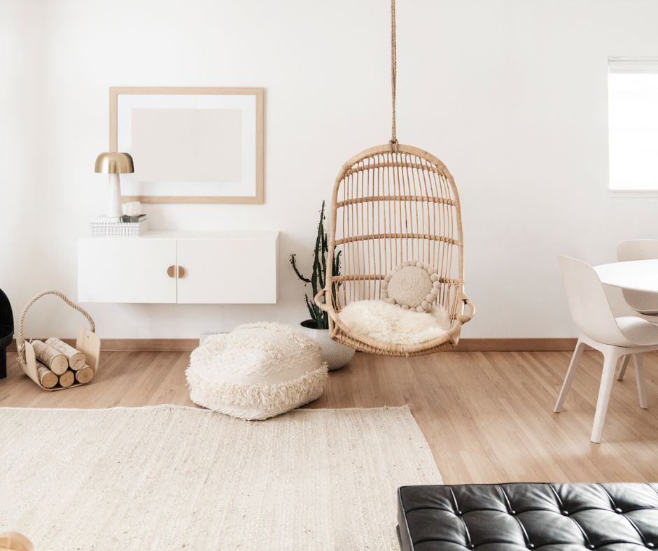 Lifestyle design living room with neutral tones and calming textures