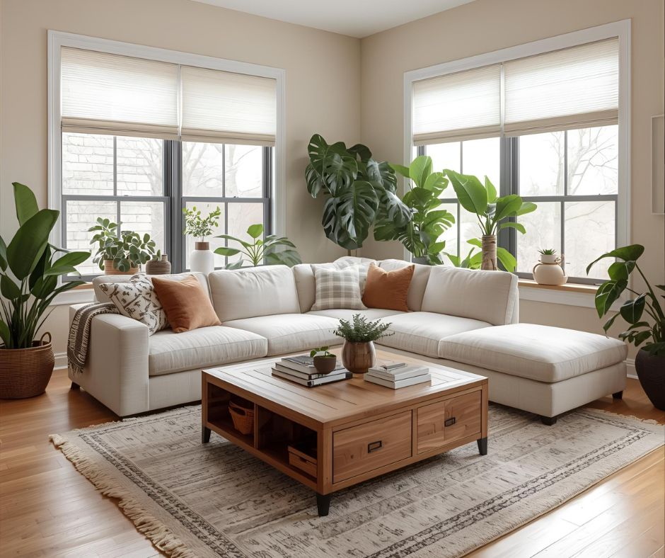 Functional family room design to create a calm and happy home.